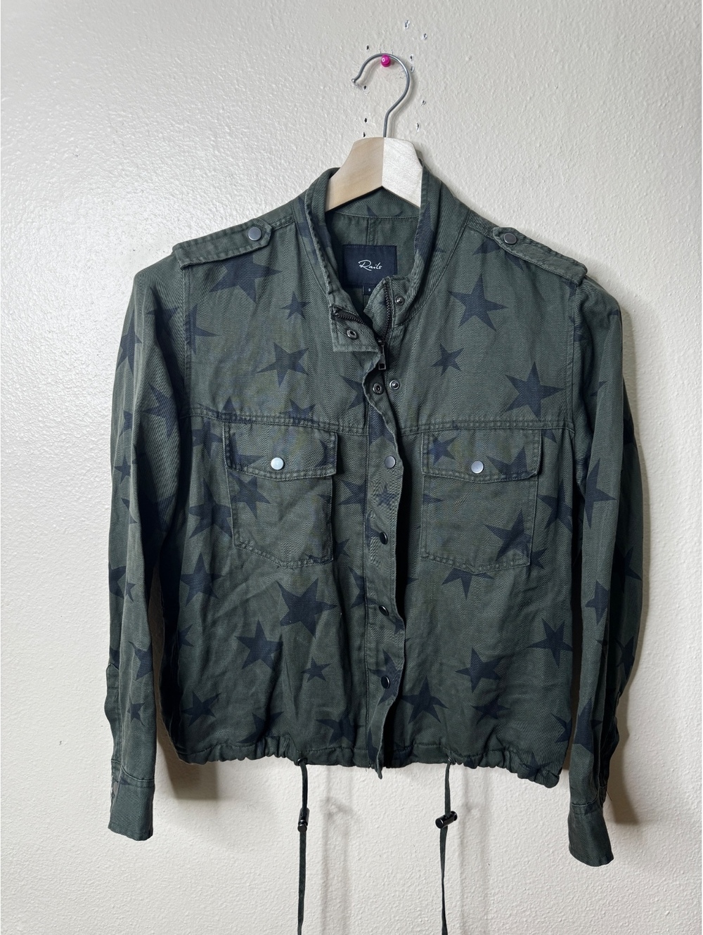 Rails Collins Jacket Womens Small Green Black Stars Linen Blend Military Utility